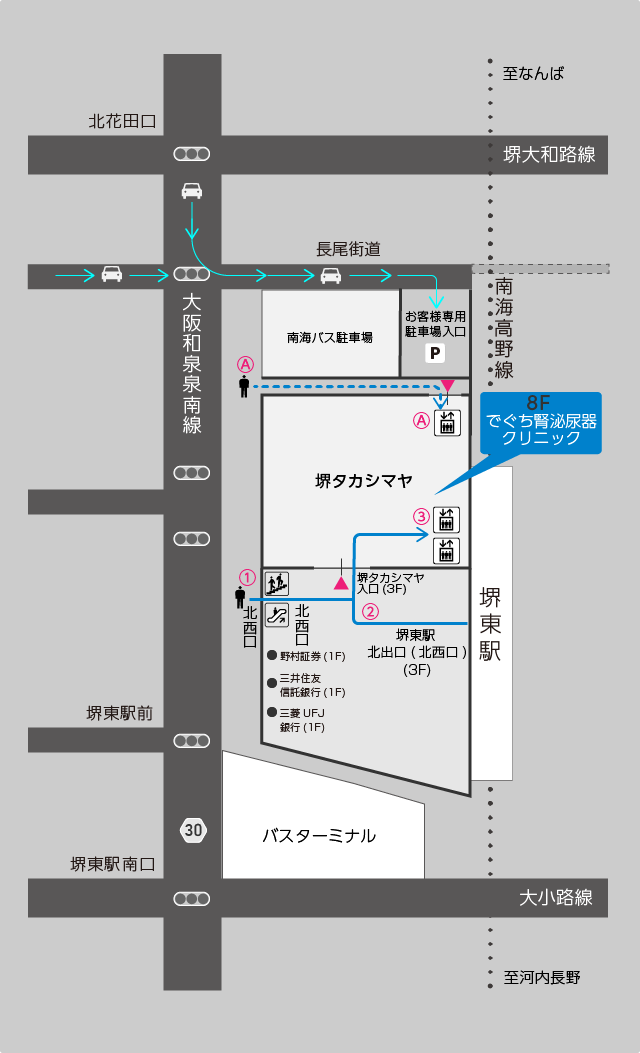 堺市にある、でぐち腎泌尿器科への堺東駅北出口（北西口）からルート図