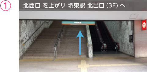 北西口を上がり堺東駅　北出口(３F)へ